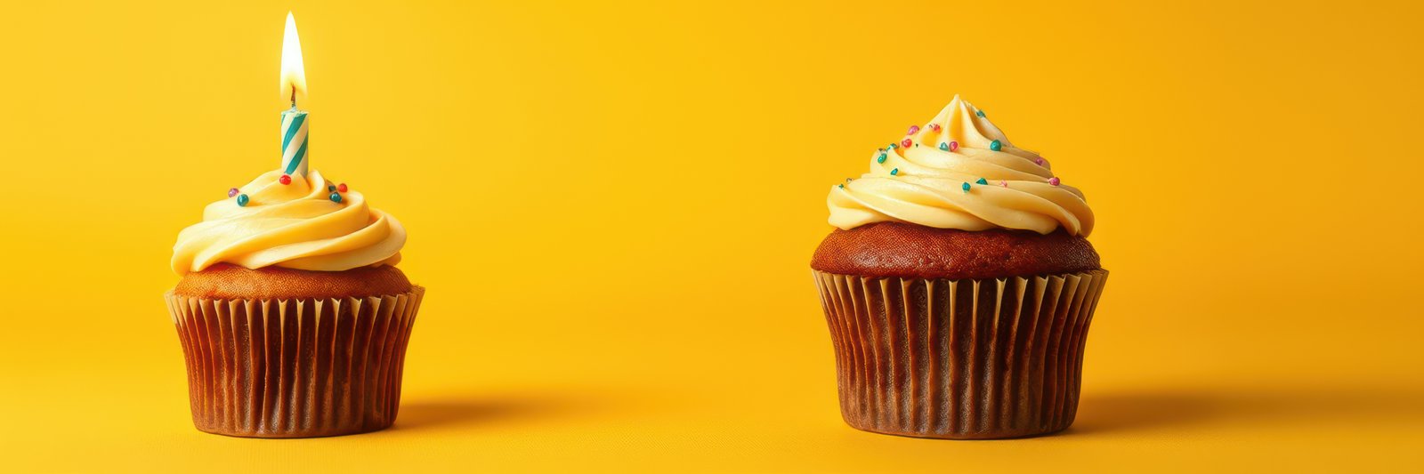 Delicious cupcakes decorated with frosting and candles on a vibrant yellow background for a festive celebration